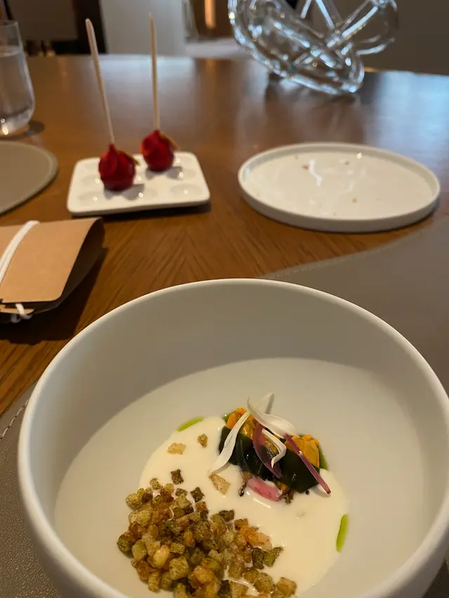 Potato and leeks cold soup with mussels and fried potato + Foie gras lollipop with raspberry coating