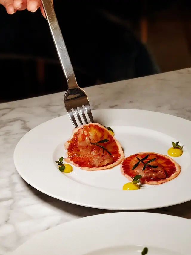 Sicilian Red Prawn Carpaccio, Dried Tarocco Orange, Chili Mayonnaise