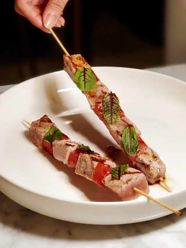 Skewer of Blue Fin Tuna Loin, Slow-cooked Watermelon, Beetroot Chips