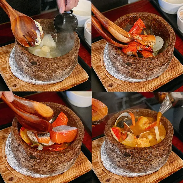 石鍋法式海鮮湯係現場製作嘅，廚師會逐步講解😛入面有波士頓龍蝦🦞、挪威三文🐟魚、藍青口、紐西蘭鮮蜆、美國帶子、鮮魷魚🦑