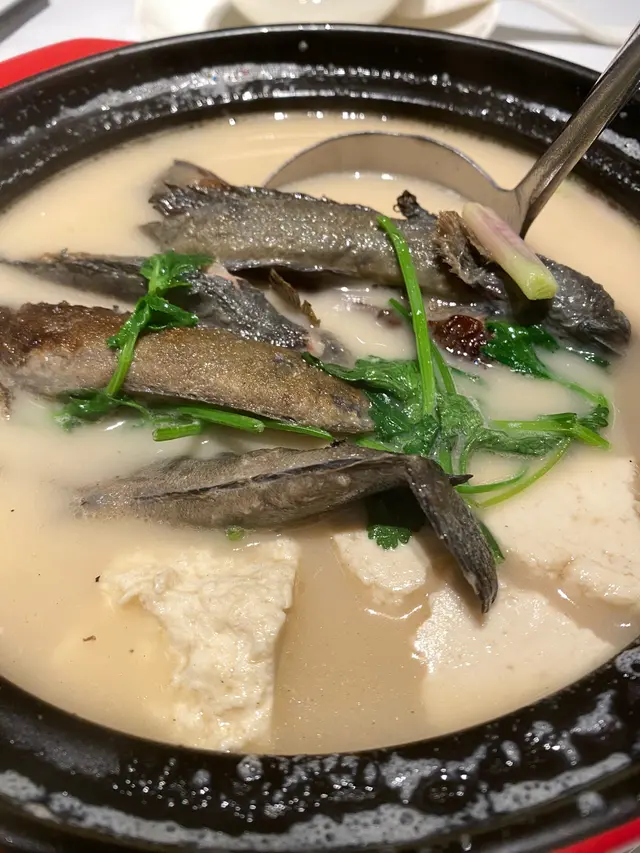 湯底加入了芋頭，跳跳魚樣子醜陋，有些女士可能唔敢食，魚有些少腥味，骨多但幼，不過好容易起出兩邊嘅肉出嚟食，魚肉質地及味道有些少似泥鯭，值得一讚係個湯底鮮味濃。