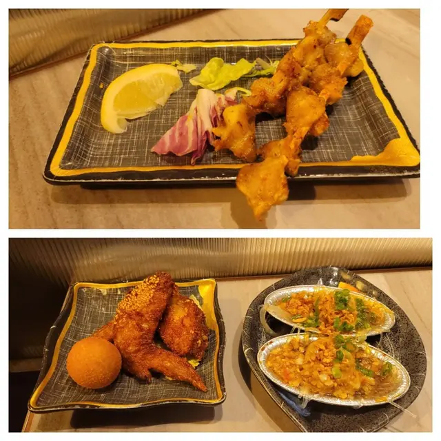 鹽燒雞軟骨串、芝麻雞翼,蟹皇蒜蓉粉絲蒸扇貝