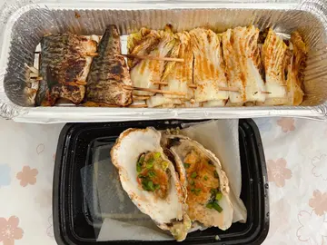 串燒:鯖魚、生蠔和娃娃菜