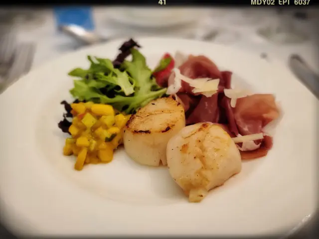 Seared Scallops and Serrano Ham with Celery & Mango Salad, Shaved Parmesan