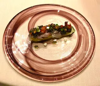 Marinated Eggplant with cured Japanese horse mackerel