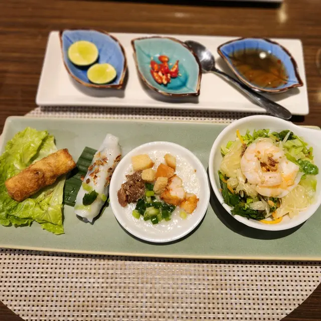 安南春卷、雙色扎肉粉卷、順化浮萍餅、柚子沙律