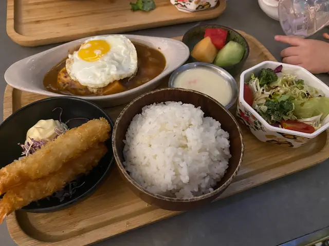 日式咖哩芝士漢堡扒蛋拼吉列大蝦配飯