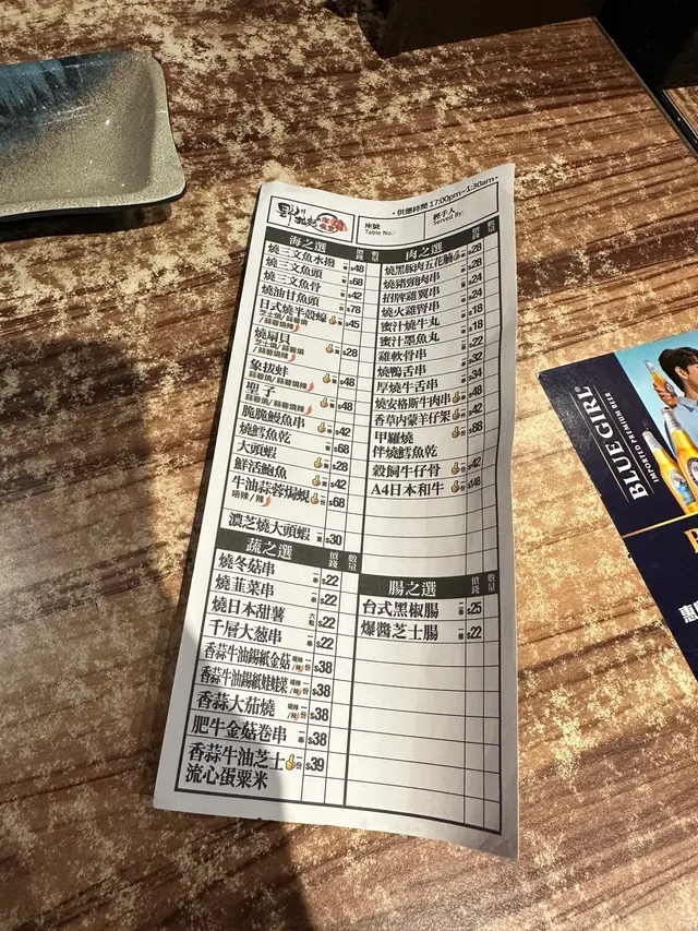 晚市串燒食物選項及價錢