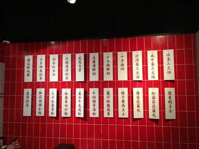 其中一個角落嘅牆,懷舊嘅牆上面掛上店內各種食品