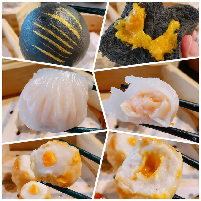 咸蛋黃墨魚燒賣、筍尖蝦餃皇、黑金流沙包