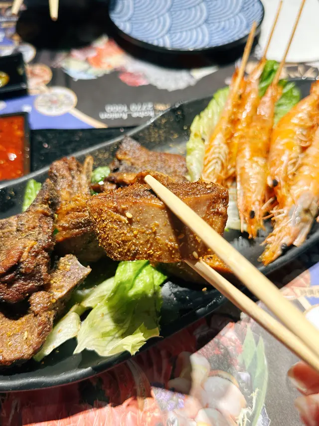 燒牛舌、羊扒、海蝦