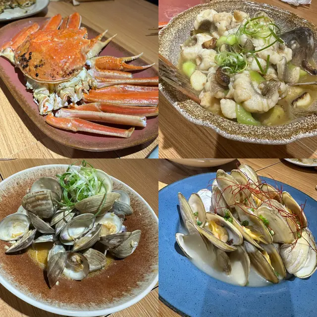 潮式凍松葉蟹、潮州絲瓜粉絲煮斑球、沙茶醬炒白沙、上湯貴妃蚌