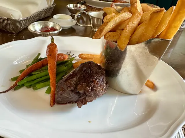 Beef Plat Iron with French Fries, Seasonal Vegetables and Jus