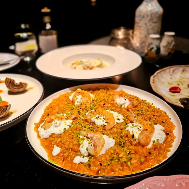Sicilian Red Prawn Risotto with Starcciatella and Bronte Pistachio