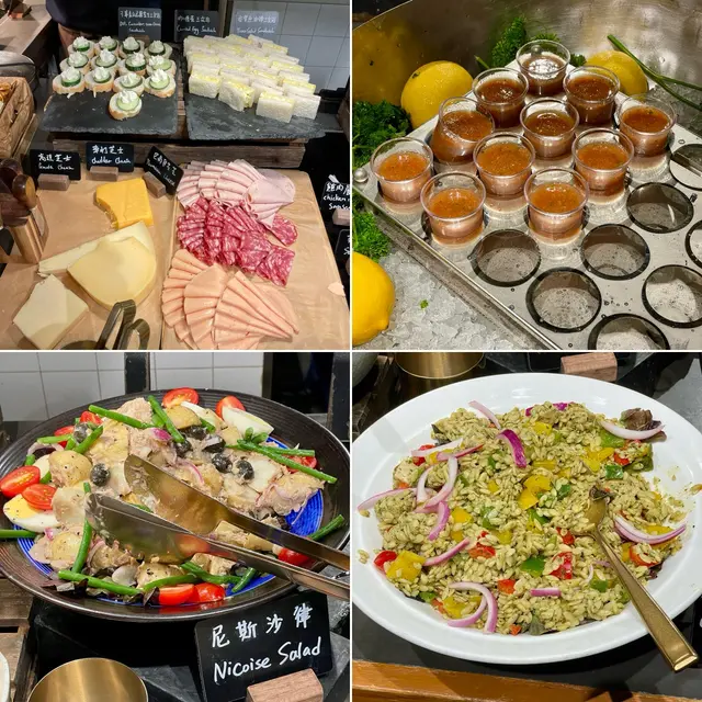 有三文治,芝士和雜肉火腿; 西班牙凍湯; 尼斯沙律和青醬烤雞米仔粉沙律