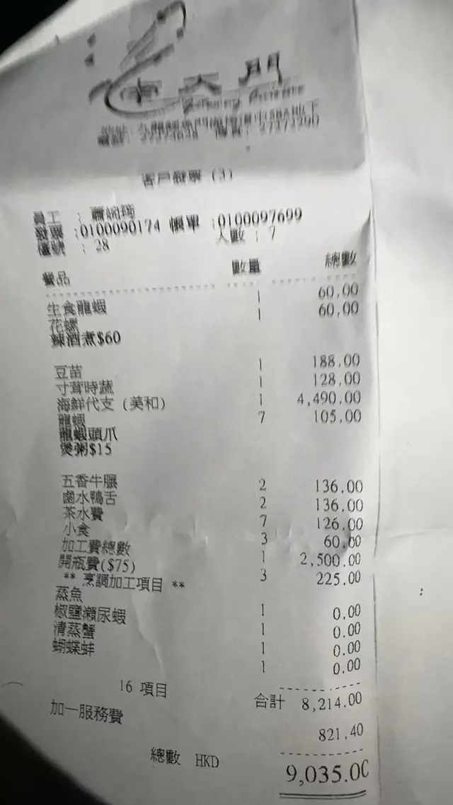 7個人消費9035，人均1300，街外買海鮮收加一，價錢離譜！
