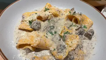 OMFG SAUTÈED PORTOBELLO MUSHROOMS COOKED IN CREAM AND BLACK TRUFFLE PATÈ FINISHED OFF WITH BUFFALO MOZZARELLA, PARMESAN AND BASIL