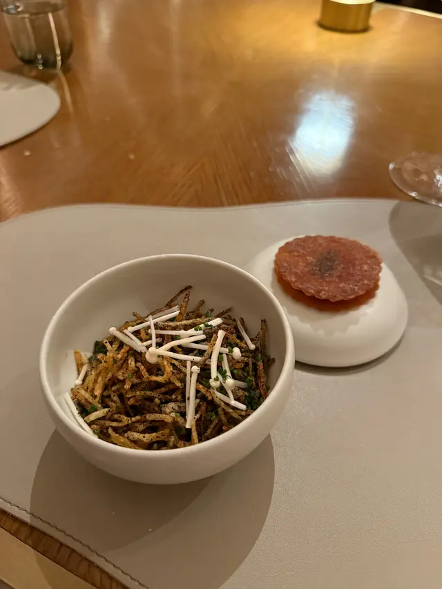 Foie Gras • Organic KIN Egg •  Madeira • Asian Mushroom • Fermented Black Onion & Garlic • Chestnut • Feuille de Brick • Preserved Black Truffle