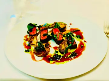 Roasted mayura wagyu 7+ rump cap with caramelised sweet potato, daikoku shimeji, gremolata and red wine jus