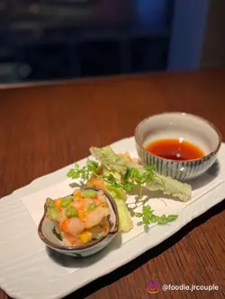 tiger prawn, asparagus and pumpkin tempura with yuzu chili stock