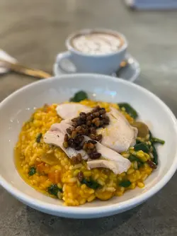 Slow  cooked  chicken  breast  on  creamy  pumpkin  chestnut  risotto  