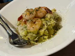 Past of the day, tagliatelle in house-made pesto sauce with prawns