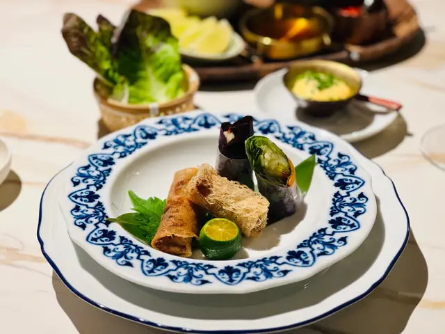 mizuna • apple • summer roll | iberico pork • fungus • spring roll | blue shrimp • dajia taro • net spring roll