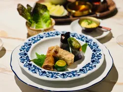 mizuna • apple • summer roll | iberico pork • fungus • spring roll | blue shrimp • dajia taro • net spring roll